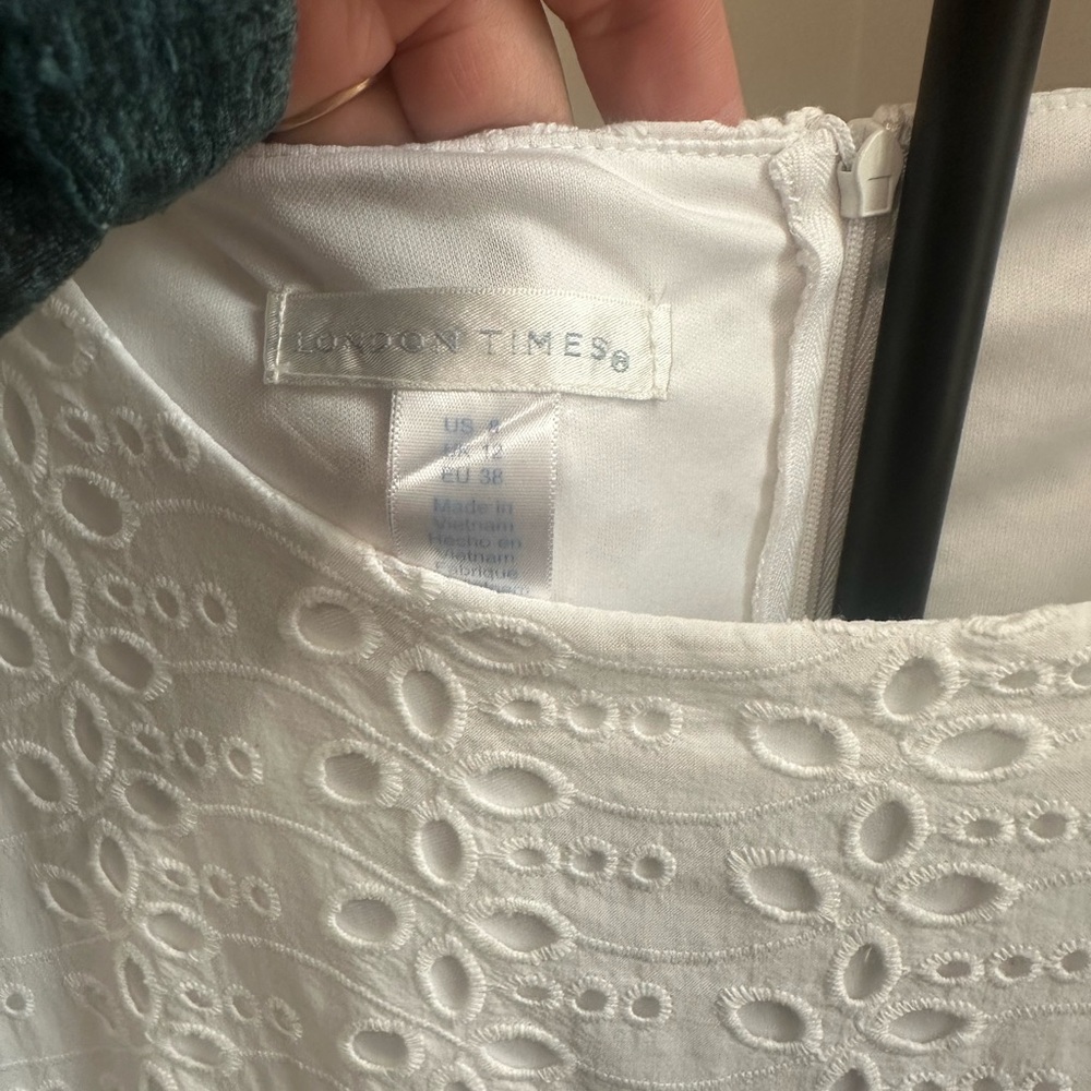 London Times 100% Cotton White Eyelet Short Sleeve Shift Mini Dress - Picture 7 of 12